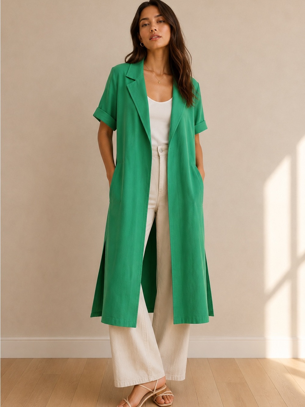 Lichi Green Linen Longline Open-Front Midi Dress with Short Sleeves